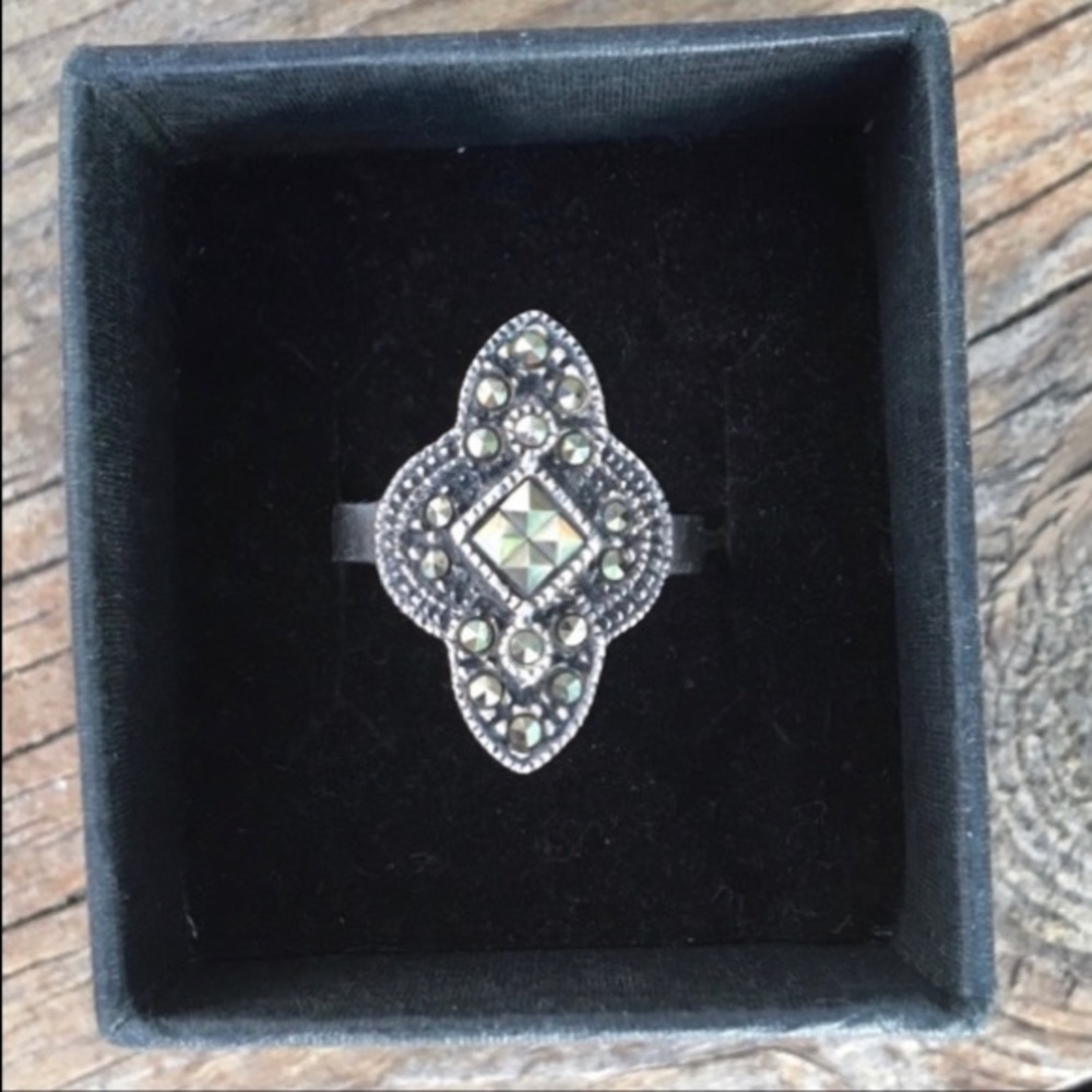 Ring MARCASITE 925 Sterling Vintage Silver Black Gray 7.5